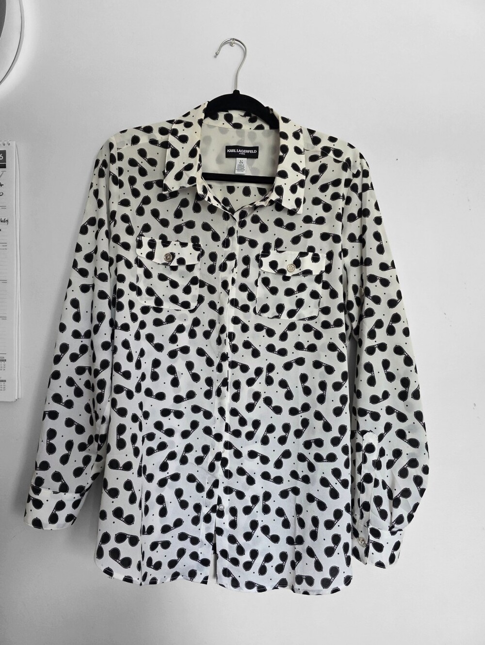 Karl Lagerfeld White Button-Up Shirt with Classic Black And White Sunglass Print - Picture 1 of 4